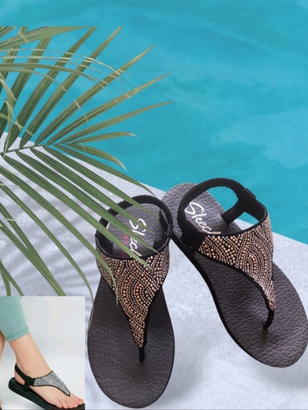 SKECHERS Yoga Foam  Black Sandals with Bedazzled Stretch Strap